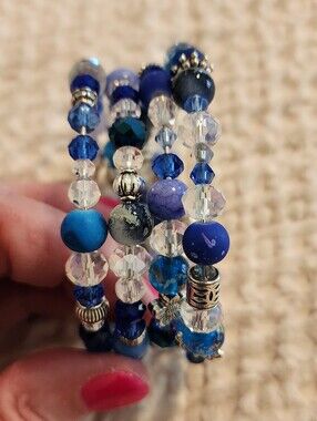 Vintage Blue Clear Silver Beaded Wire Coil Bracelet 4 Strand Excellent Condition